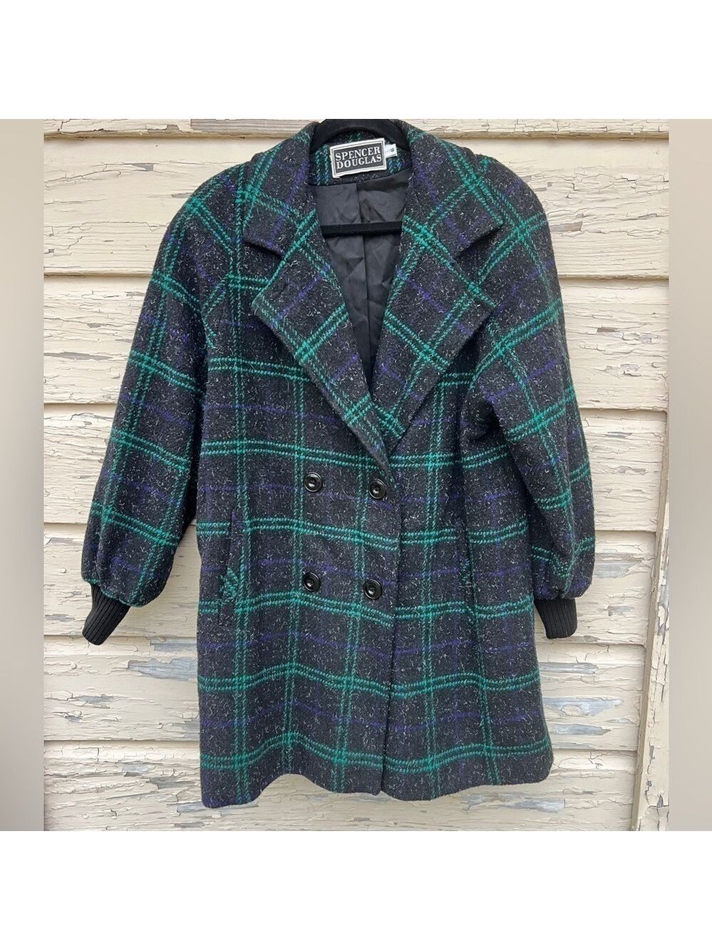 Vintage 80s 1980s Spencer Douglas Windowpane Plaid Double-Breasted Wool Peacoat
